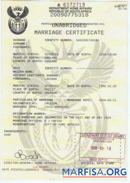 Downloadable South Africa Department home affairs marriage certificate example